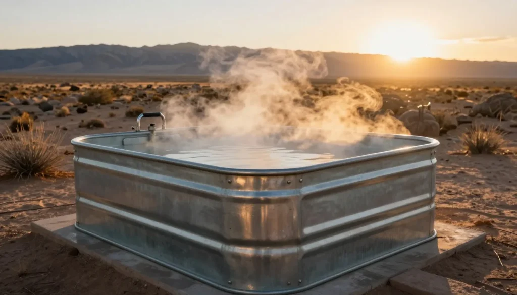 Spencer Hot Springs metal soaking tub with desert sunset and clear evening sky