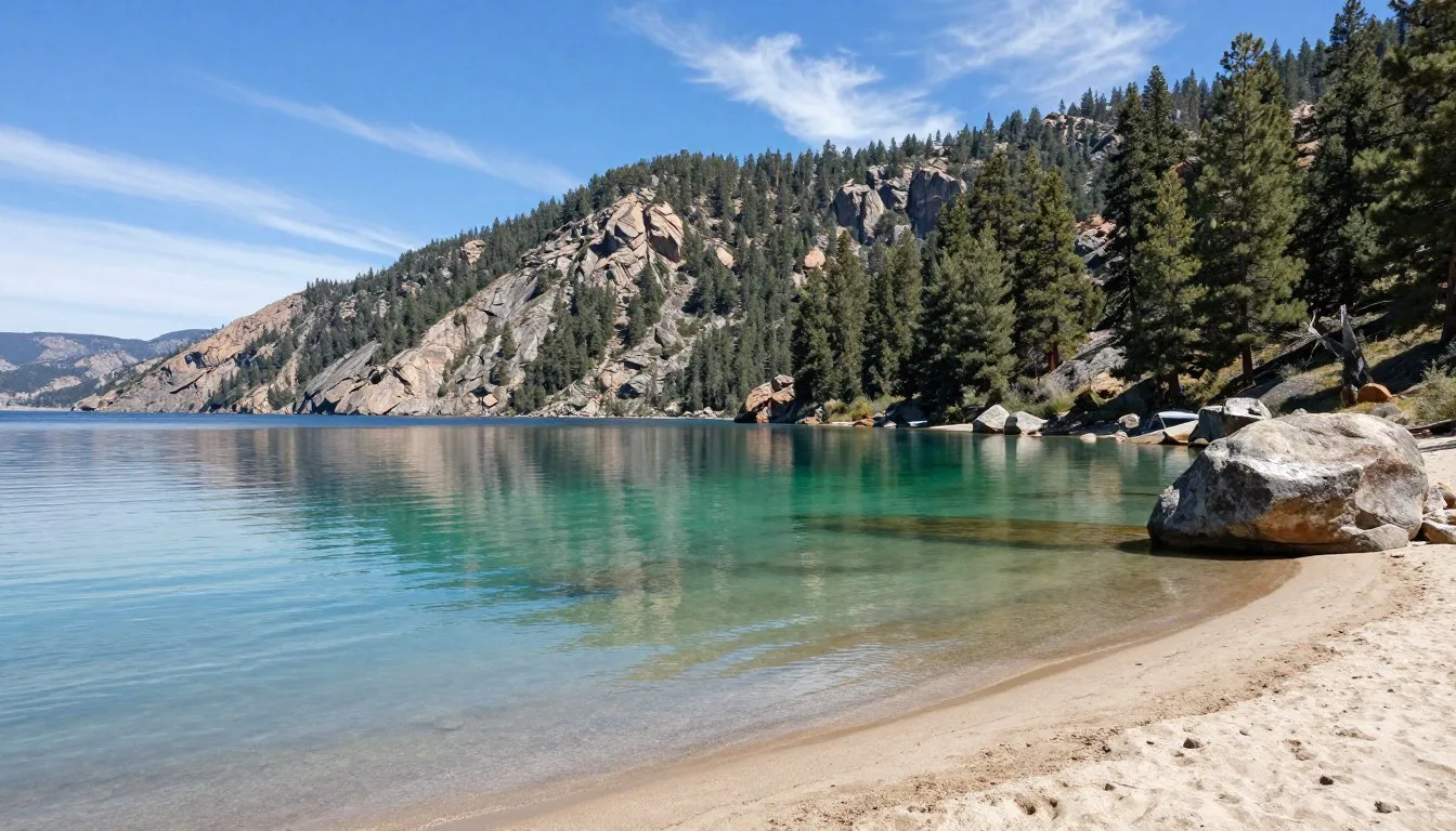 Spooner Lake Shoreline Nevada with crystal clear water reflecting surrounding mountains
