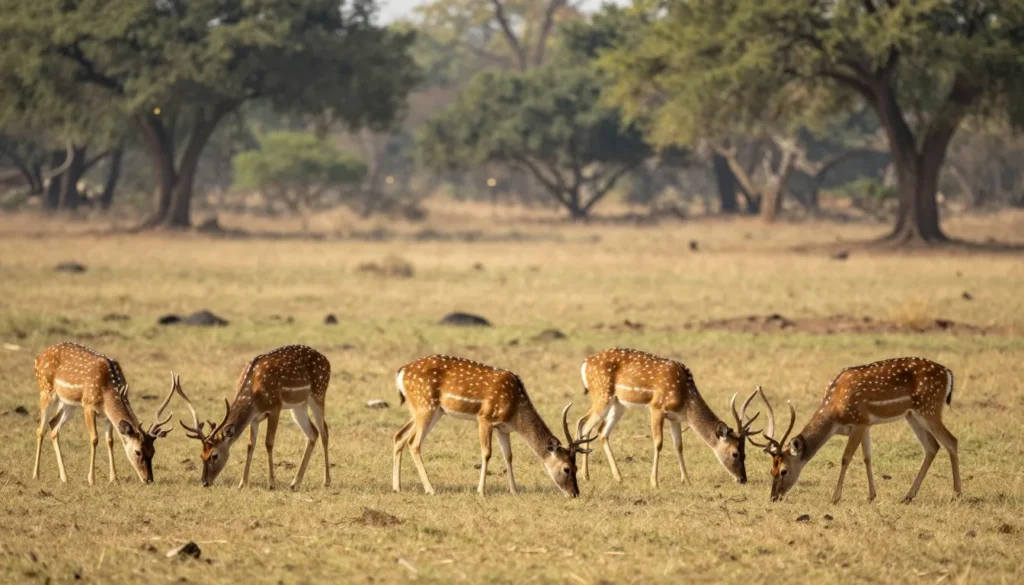 Spotted deer herd grazing in natural grassland habitat with forest backdrop