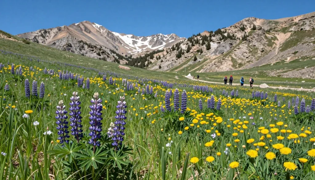Spring Mountains wildflowers blooming across alpine meadow with mountain peaks behind Spring Mountains wildflowers blooming across alpine meadow with mountain peaks behind