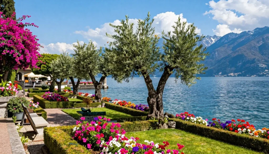 Spring blooms along Lake Garda waterfront with flowering gardens, clear blue sky, and snow-capped mountains in background Spring blooms along Lake Garda waterfront with flowering gardens, clear blue sky, and snow-capped mountains in background