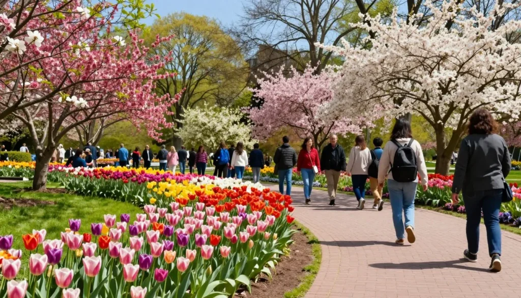 Spring garden scene with blooming flowers and visitors walking along pathways Spring garden scene with blooming flowers and visitors walking along pathways