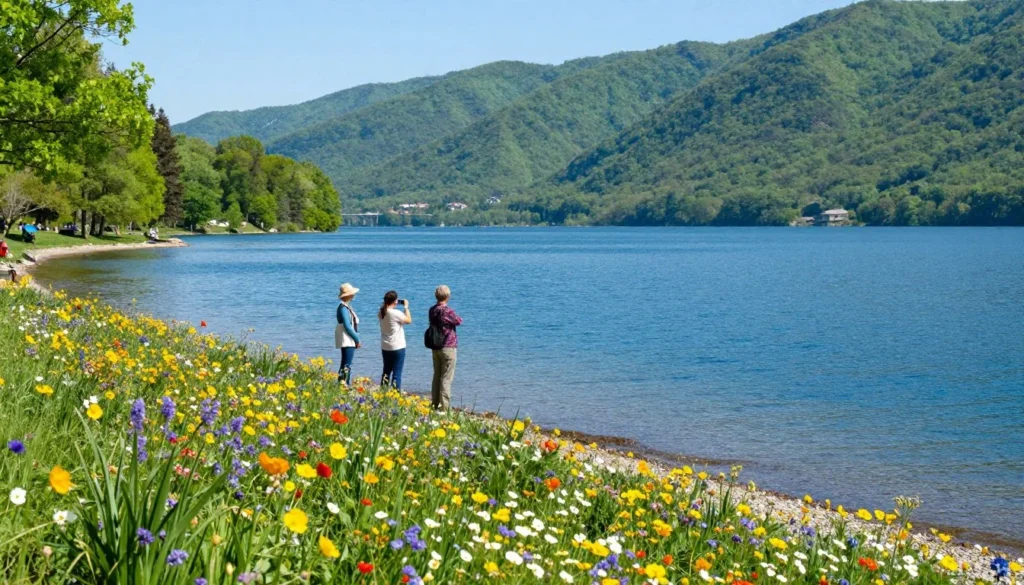 Spring landscape at South Holston Reservoir with blooming wildflowers and clear water Spring landscape at South Holston Reservoir with blooming wildflowers and clear water