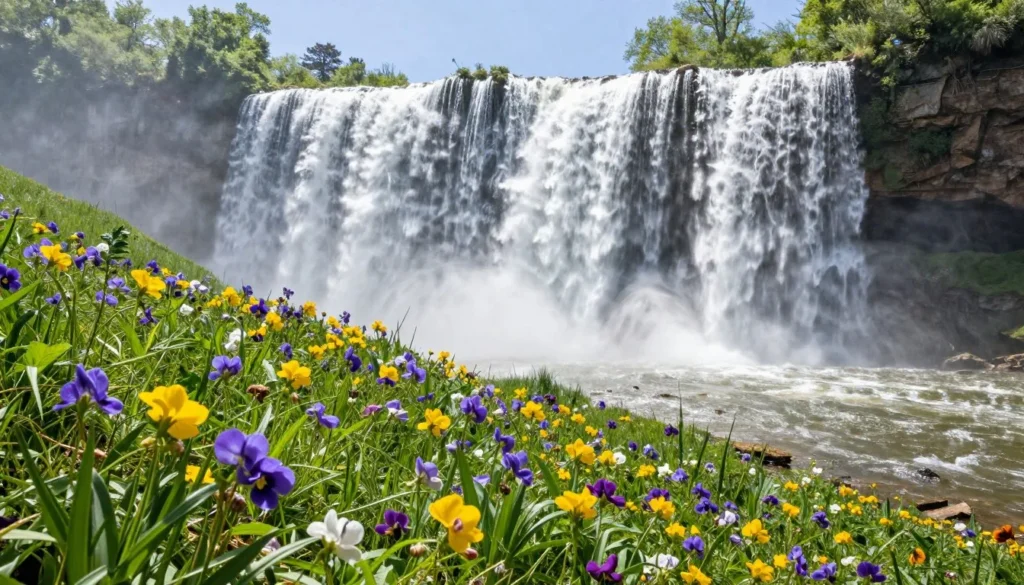 Spring waterfall at Gar Island Tennessee with vibrant wildflowers blooming along the banks Spring waterfall at Gar Island Tennessee with vibrant wildflowers blooming along the banks