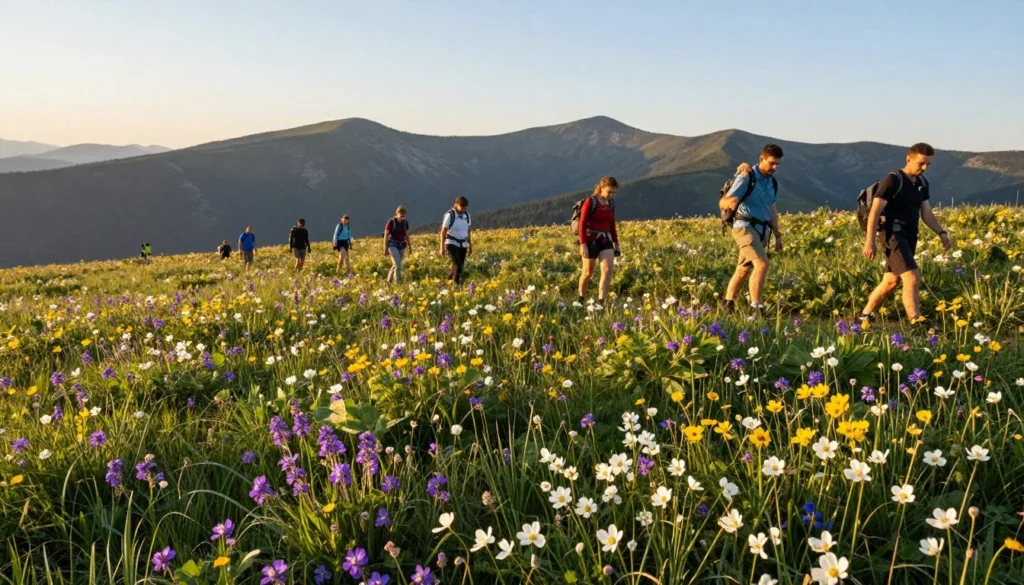 Spring wildflowers blooming across hillside meadows with Blue Ridge Mountains in background at golden hour Spring wildflowers blooming across hillside meadows with Blue Ridge Mountains in background at golden hour