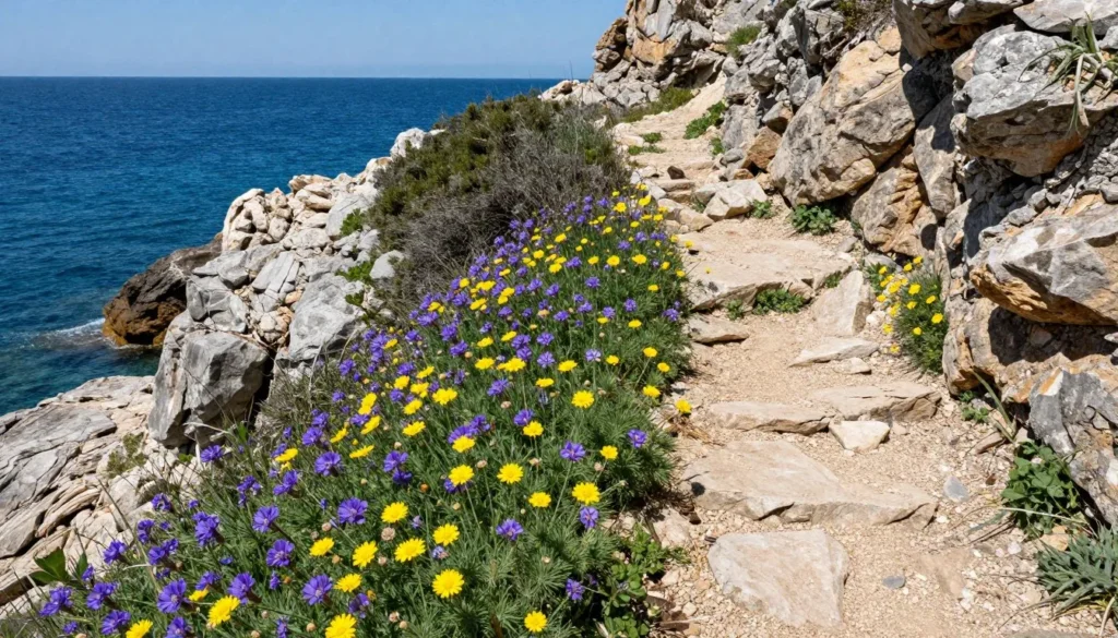 Spring wildflowers blooming along Cap de Creus hiking trails