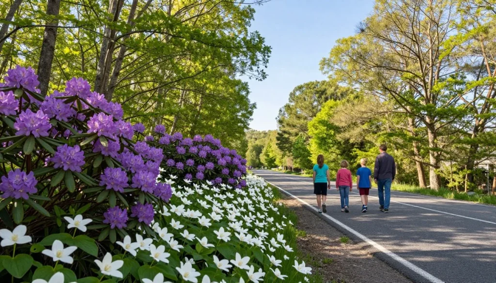 Spring wildflowers blooming along Cherohala Skyway roadside in North Carolina mountains Spring wildflowers blooming along Cherohala Skyway roadside in North Carolina mountains