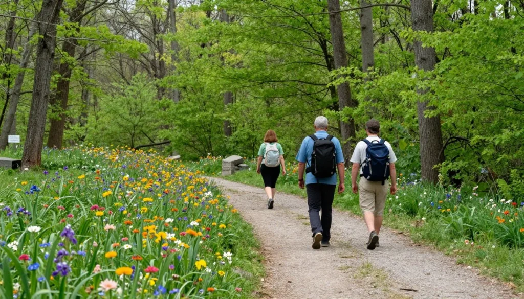 Spring wildflowers blooming along Fort Pillow hiking trail with green forest Spring wildflowers blooming along Fort Pillow hiking trail with green forest