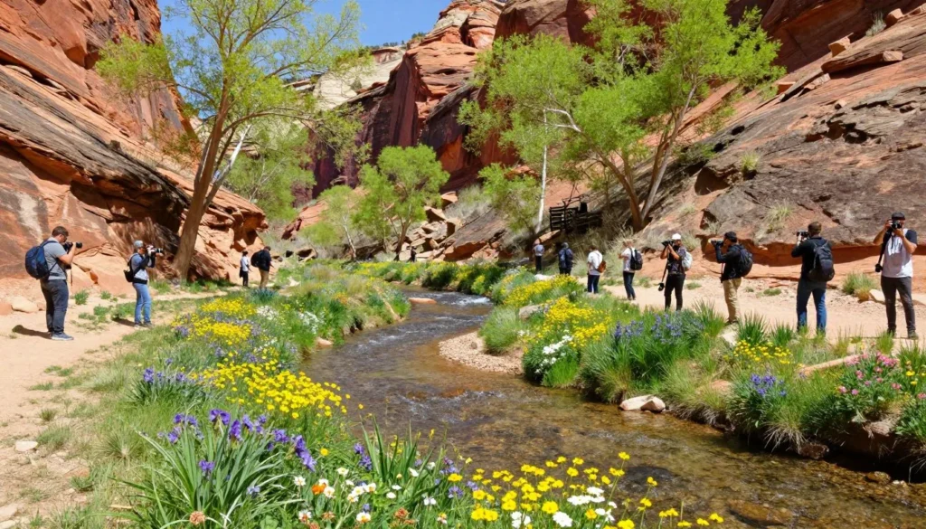 Spring wildflowers blooming along Unaweep Canyon creek with red rock backdrop Spring wildflowers blooming along Unaweep Canyon creek with red rock backdrop