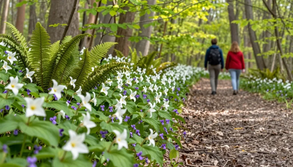 Spring wildflowers blooming along forest trail at Bushy Lake with new green foliage and filtered sunlight Spring wildflowers blooming along forest trail at Bushy Lake with new green foliage and filtered sunlight