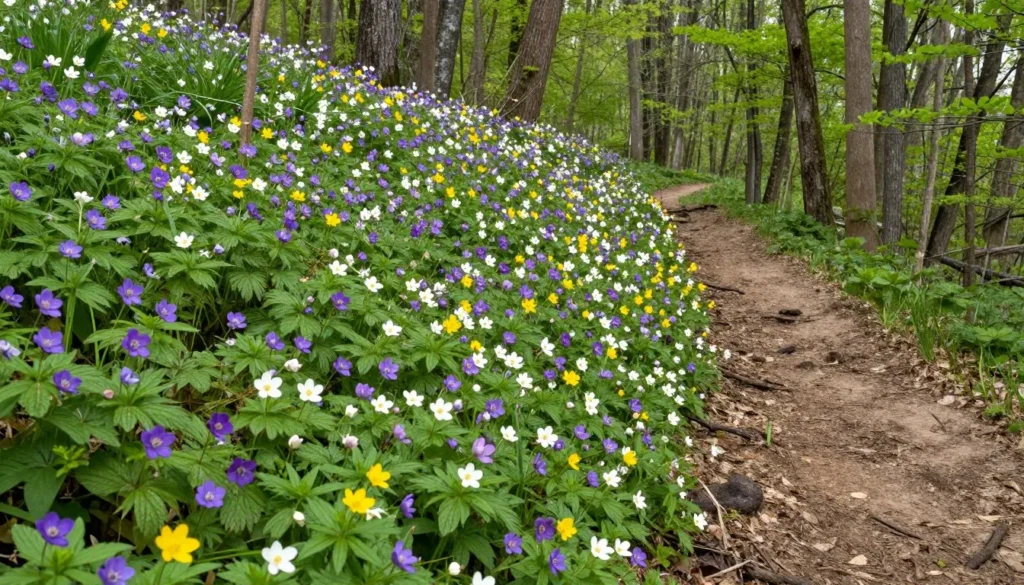 Spring wildflowers blooming along forest trail at Chickasaw State Park Tennessee Spring wildflowers blooming along forest trail at Chickasaw State Park Tennessee