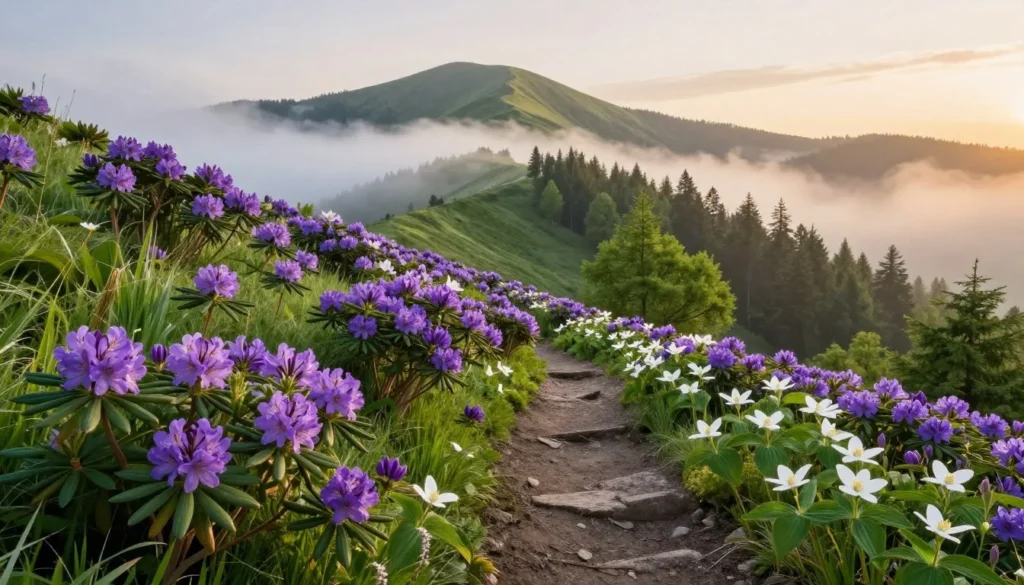 Spring wildflowers blooming along mountain trail with misty peaks in background Spring wildflowers blooming along mountain trail with misty peaks in background
