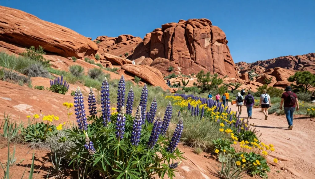 Spring wildflowers blooming among red rocks in Utah desert