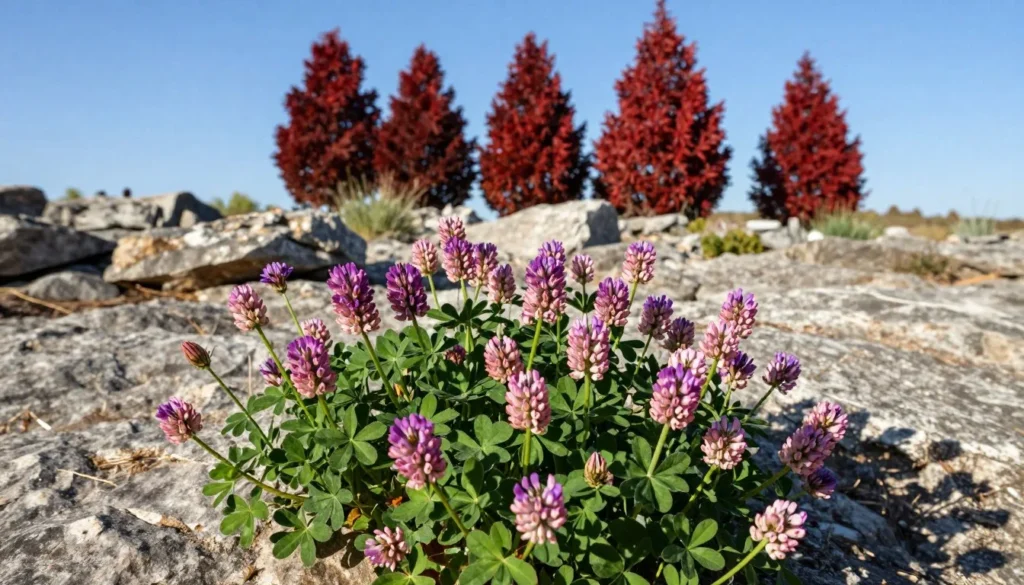 Spring wildflowers blooming in cedar glade with limestone rock formations Spring wildflowers blooming in cedar glade with limestone rock formations