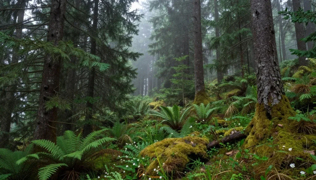 Spruce-fir forest ecosystem on Clingmans Dome with morning mist Spruce-fir forest ecosystem on Clingmans Dome with morning mist