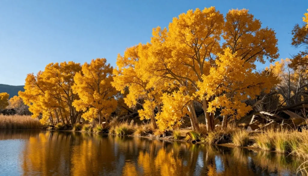 St Vrain State Park during golden autumn with cottonwood trees displaying yellow foliage along pond edge St Vrain State Park during golden autumn with cottonwood trees displaying yellow foliage along pond edge