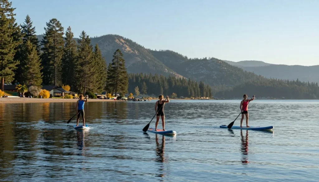 Stand-up paddleboarders on calm Lake Tahoe water near Sand Harbor