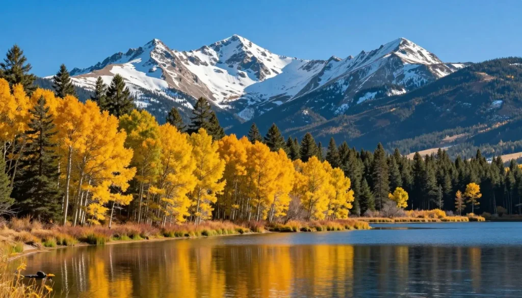 Steamboat Lake during autumn with golden aspen trees and mountain peaks Steamboat Lake during autumn with golden aspen trees and mountain peaks