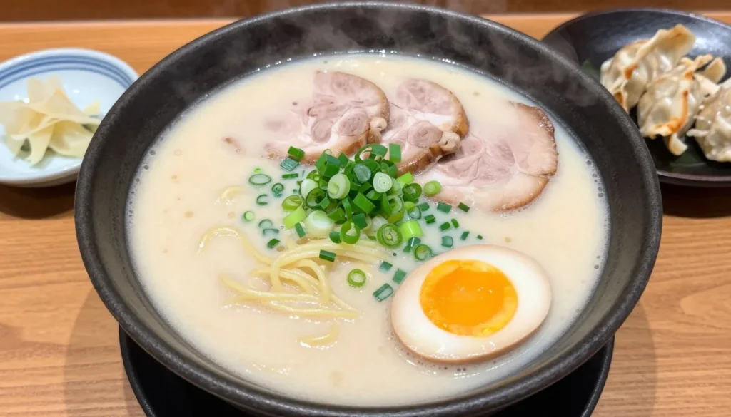 Steaming bowl of authentic Hakata tonkotsu ramen with toppings and side dishes Steaming bowl of authentic Hakata tonkotsu ramen with toppings and side dishes