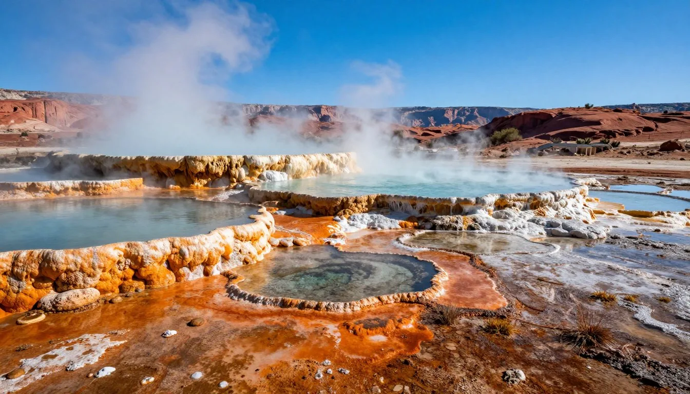 Steaming-natural-hot-springs-pools-with-colorful-travertine-formations-at-Monroe-Hot-Springs Steaming natural hot springs pools with colorful travertine formations at Monroe Hot Springs Utah