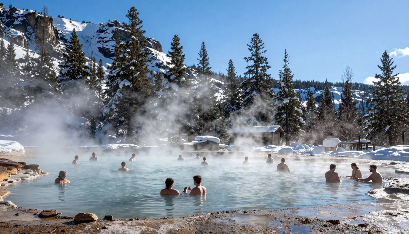 Strawberry-Park-Hot-Springs-Colorado-natural-mineral-pools-surrounded-by-snow-covered-Rocky Strawberry Park Hot Springs Colorado natural mineral pools surrounded by snow-covered Rocky Mountains in winter