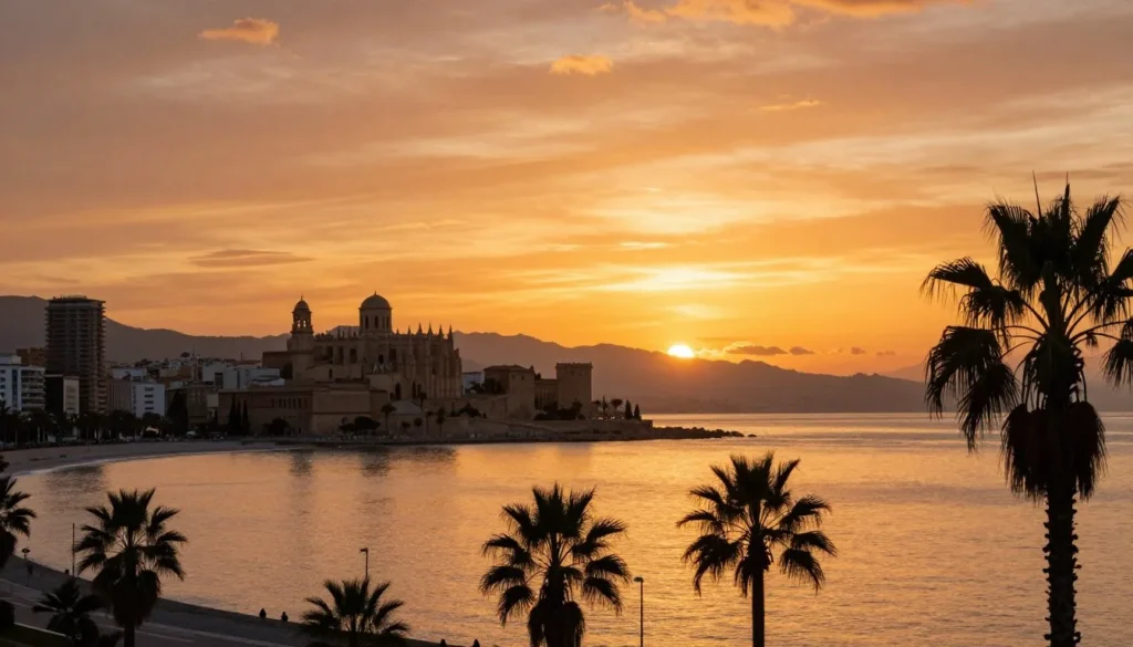 Stunning Malaga sunset over Mediterranean coastline