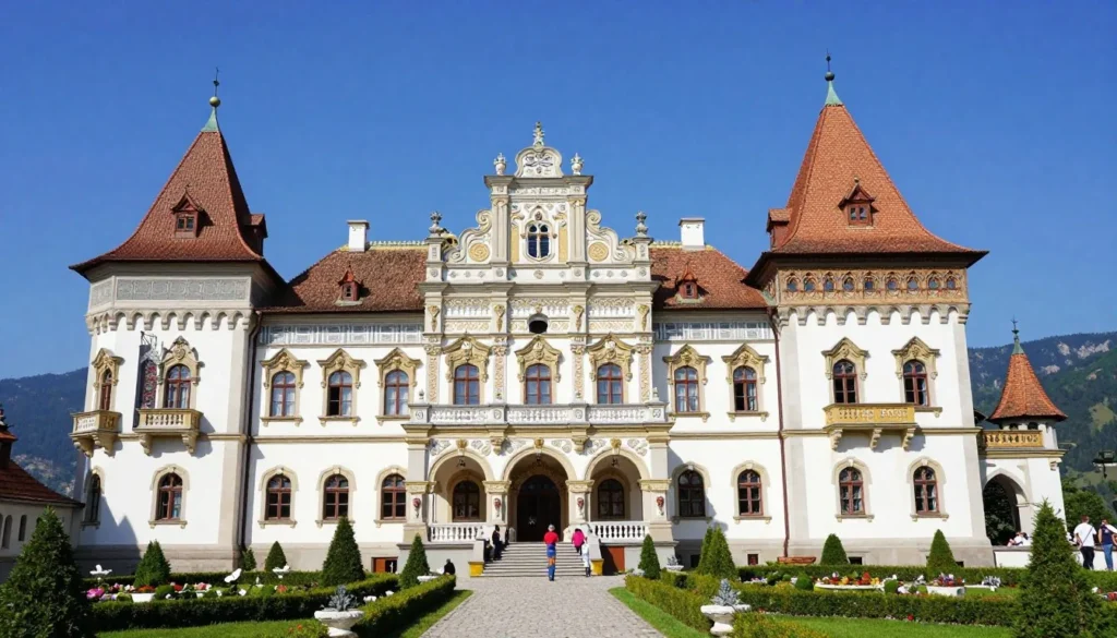Stunning Peles Castle in Sinaia with mountain backdrop Stunning Peles Castle in Sinaia with mountain backdrop