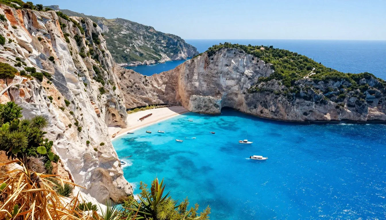 Stunning turquoise waters of Zakynthos coastline with dramatic white cliffs and crystal clear Ionian Sea