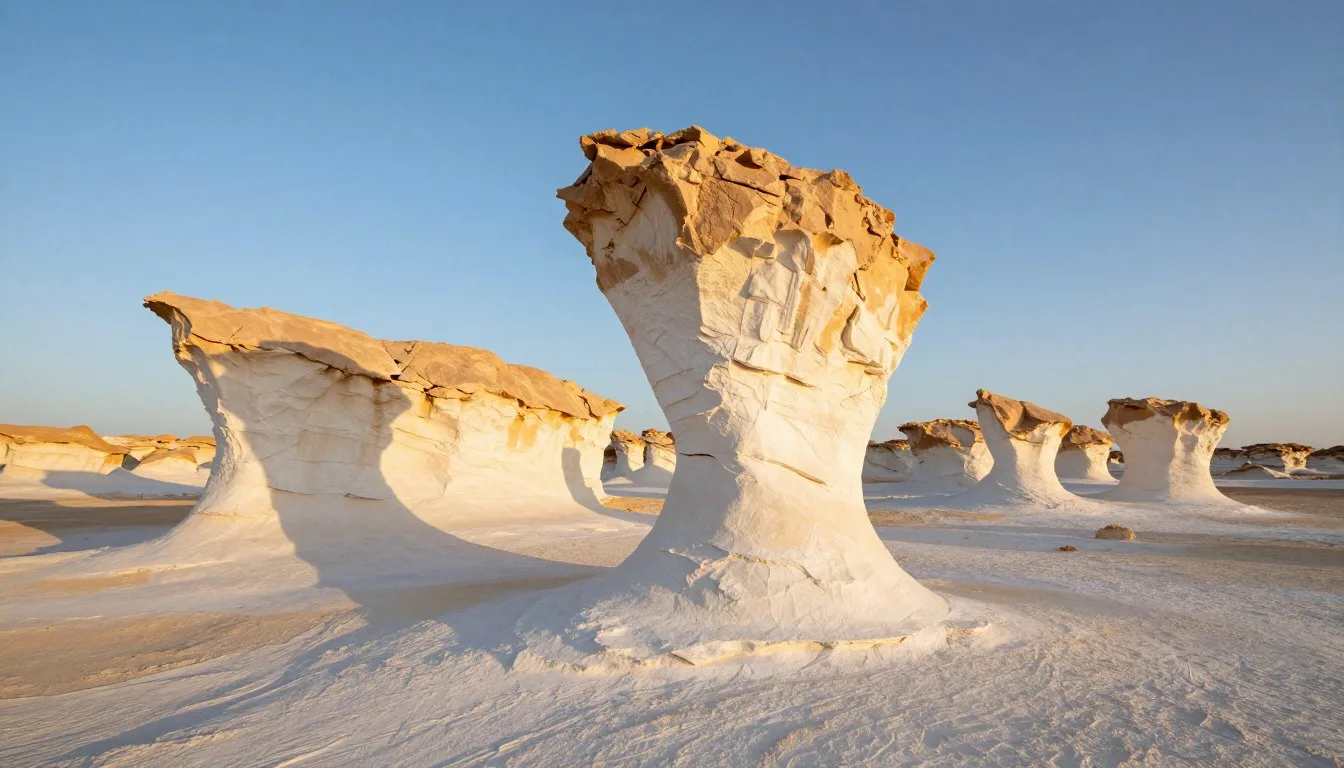 Stunning white chalk rock formations rising from desert floor in White Desert National Park Egypt during golden hour