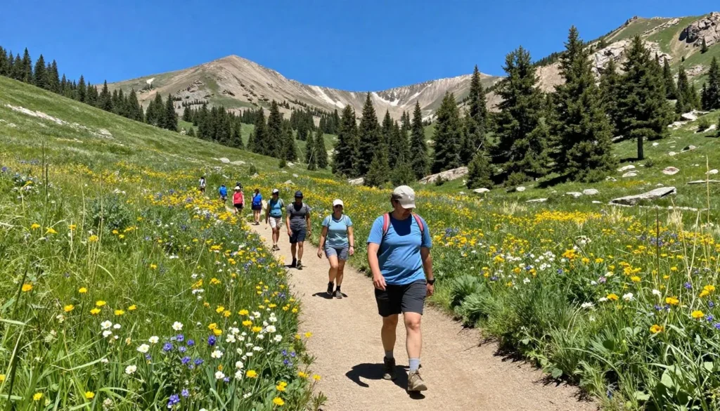 Summer hiking trail in Vail with wildflowers and mountain views Summer hiking trail in Vail with wildflowers and mountain views