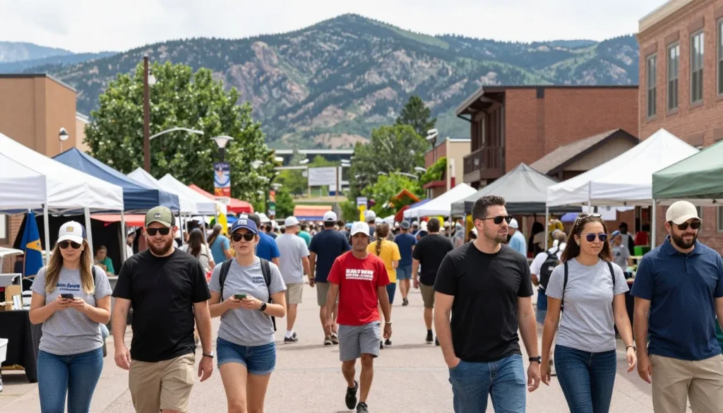 Summer street festival in downtown Glenwood Springs with diverse crowds and mountain backdrop