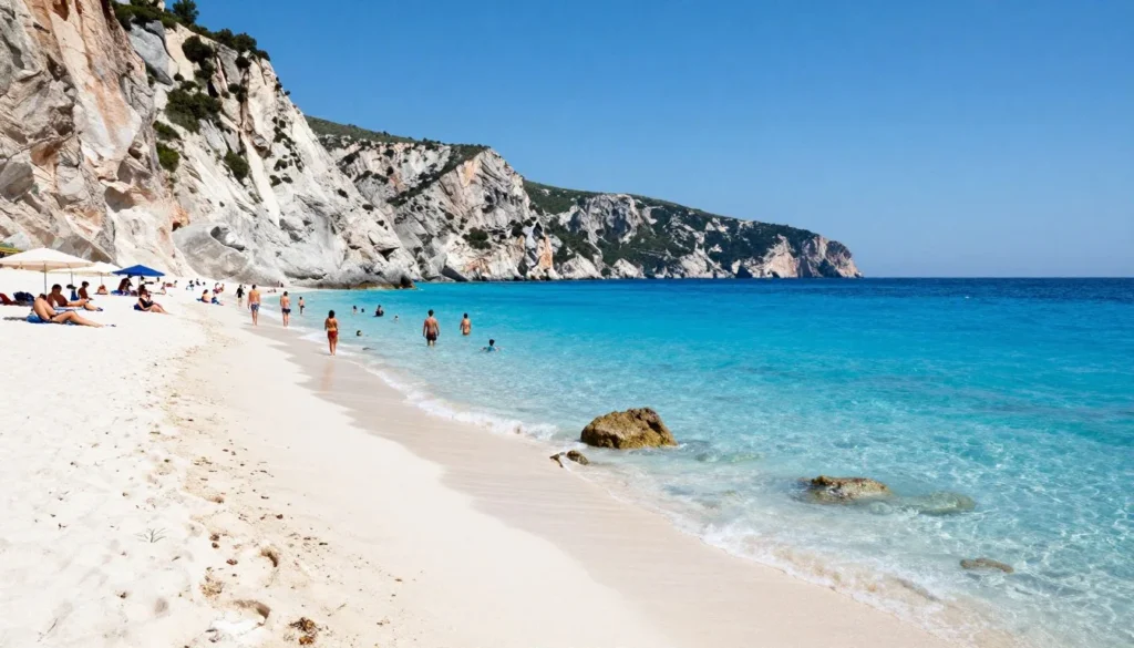 Sun-drenched Mediterranean beach with clear turquoise water and limestone cliffs under bright blue sky
