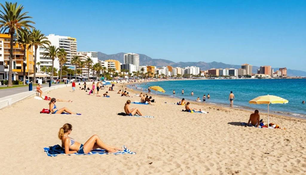 Sunny Malaga beach promenade with palm trees and beachgoers