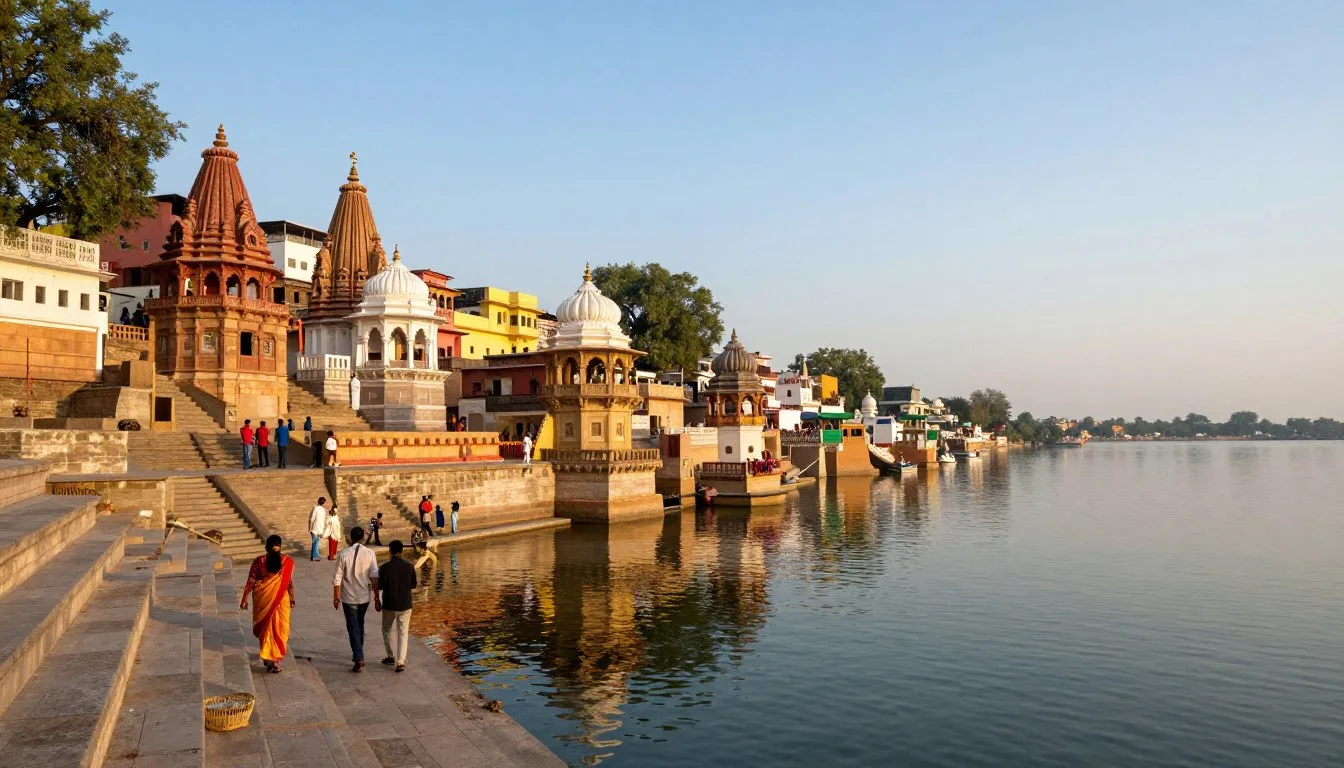 Sunrise over Pushkar Lake with ancient ghats and temples reflecting in sacred waters