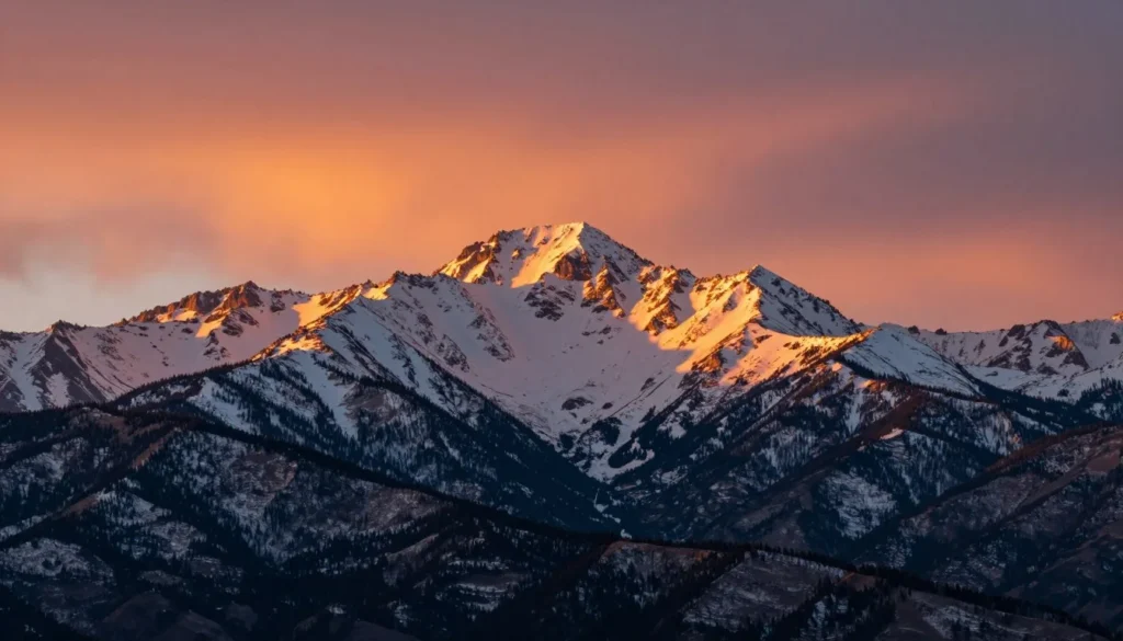 Sunrise over Snowstorm Mountains peaks