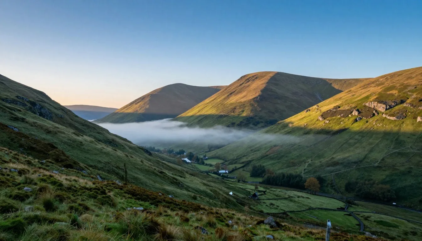Sunrise over Wicklow Mountains National Park Ireland with morning mist covering the valleys and peaks
