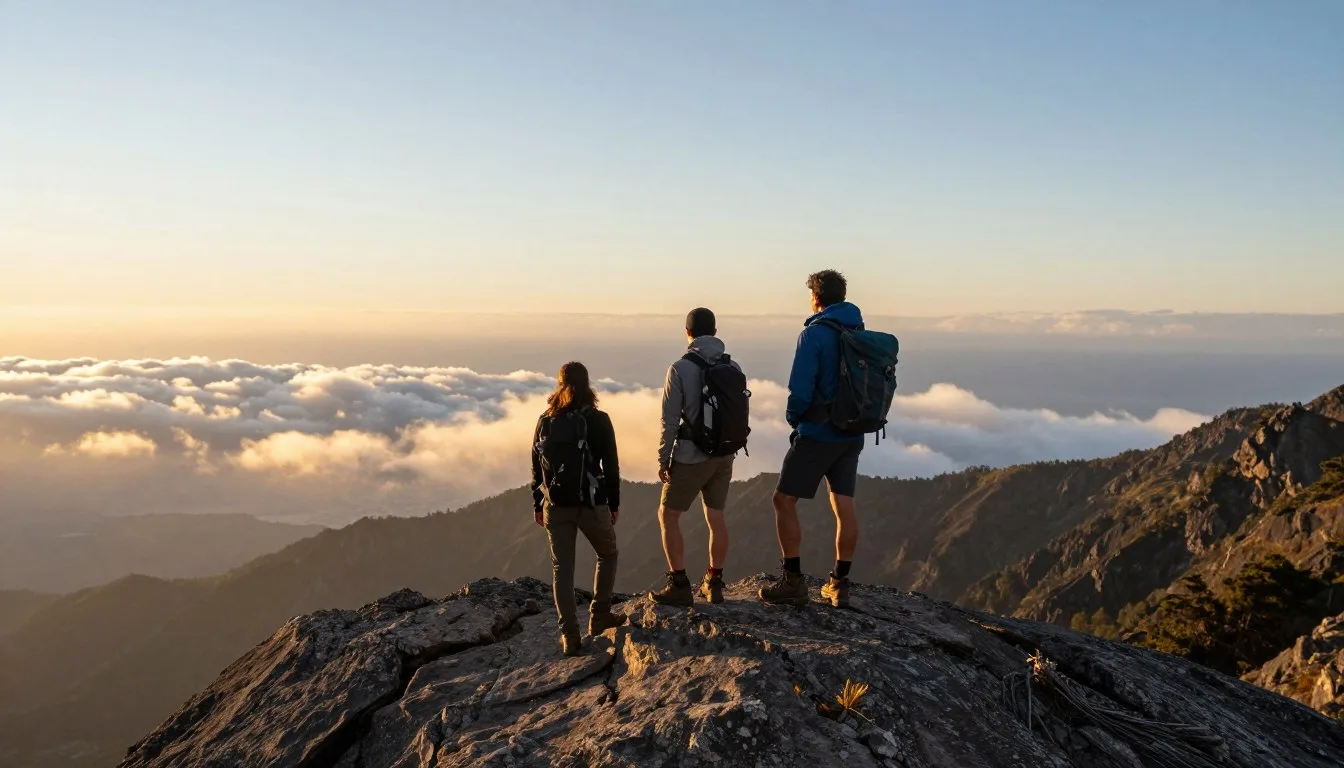 Sunrise view from Chirripo peak showing both Pacific Ocean and Caribbean Sea with hikers silhouetted against golden sky
