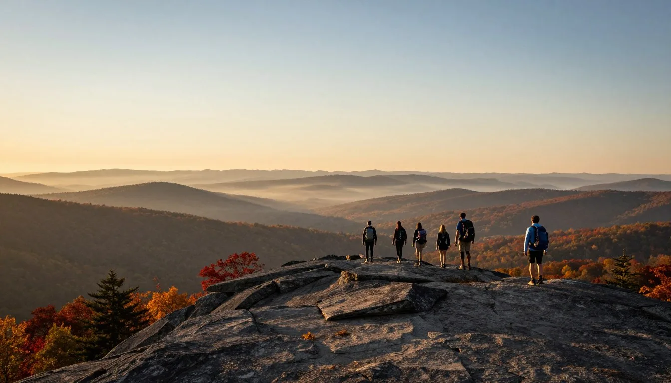 Sunrise view from House Mountain summit overlooking East Tennessee valleys