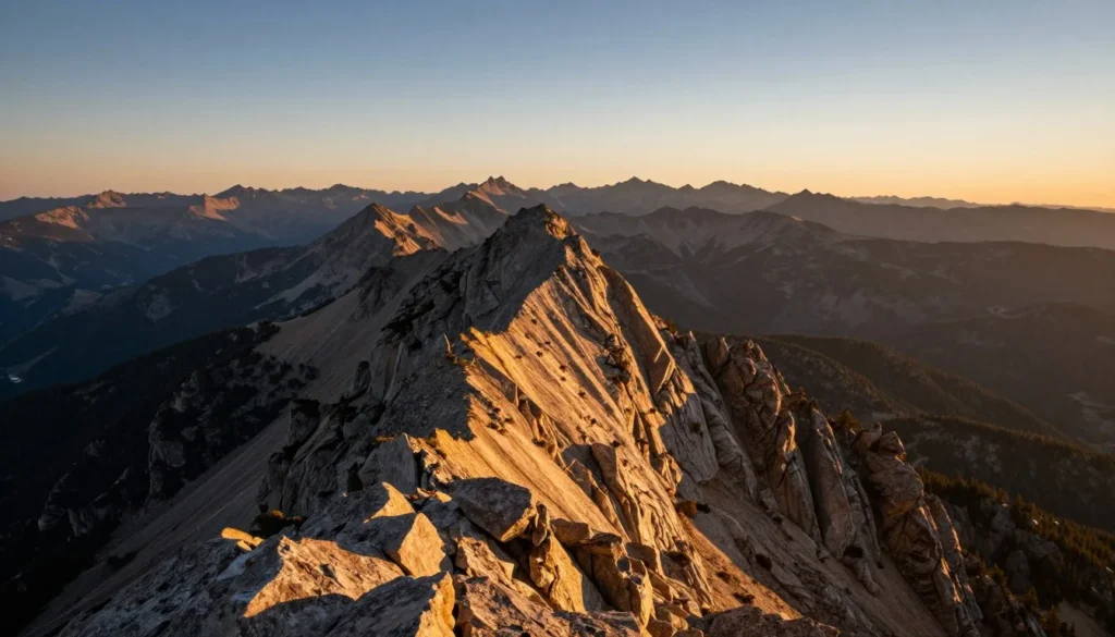 Sunrise view from Sunshine Peak ridge with dramatic mountain light and shadows Sunrise view from Sunshine Peak ridge with dramatic mountain light and shadows