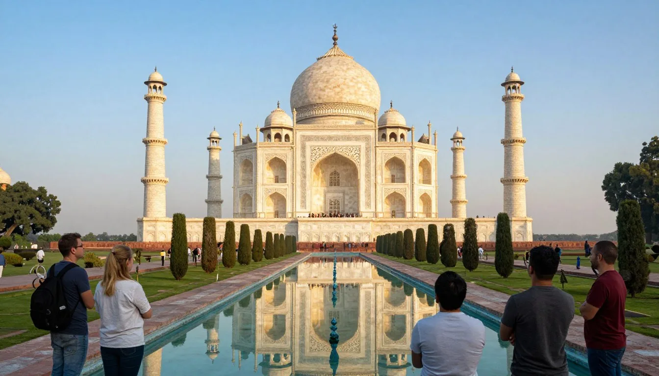 Sunrise view over Taj Mahal in Uttar Pradesh with gardens and reflection pools