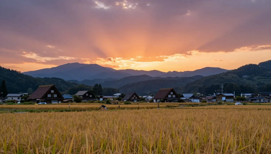 Sunset over Akita countryside with rice fields and distant mountains