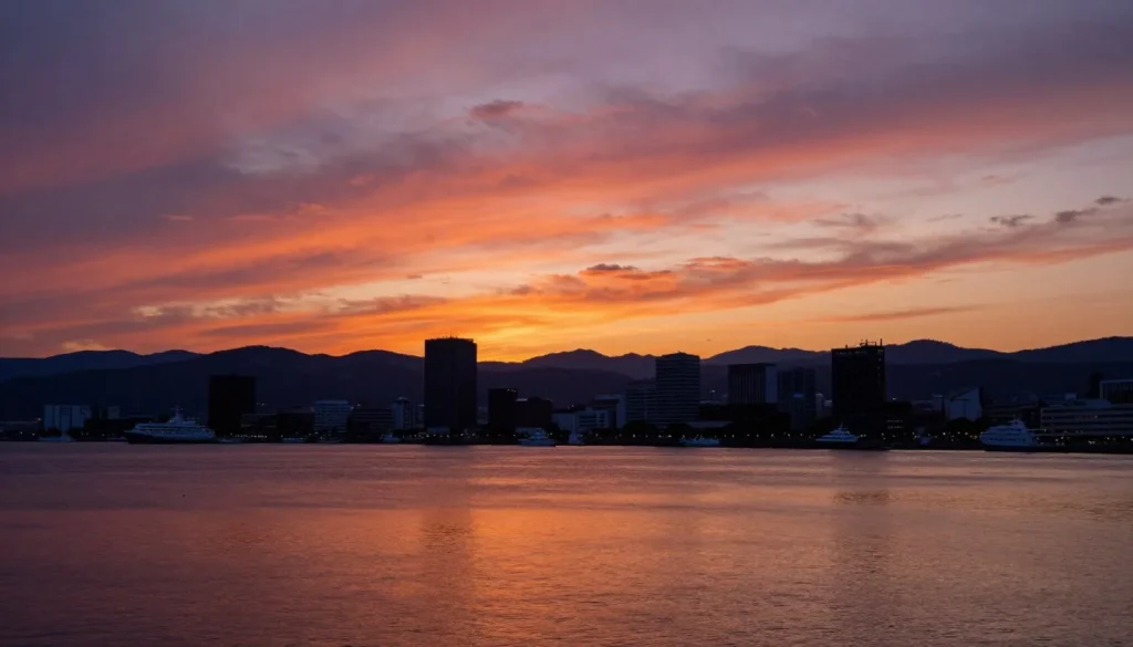 Sunset over Aomori Bay with city skyline and mountains creating silhouette against orange sky