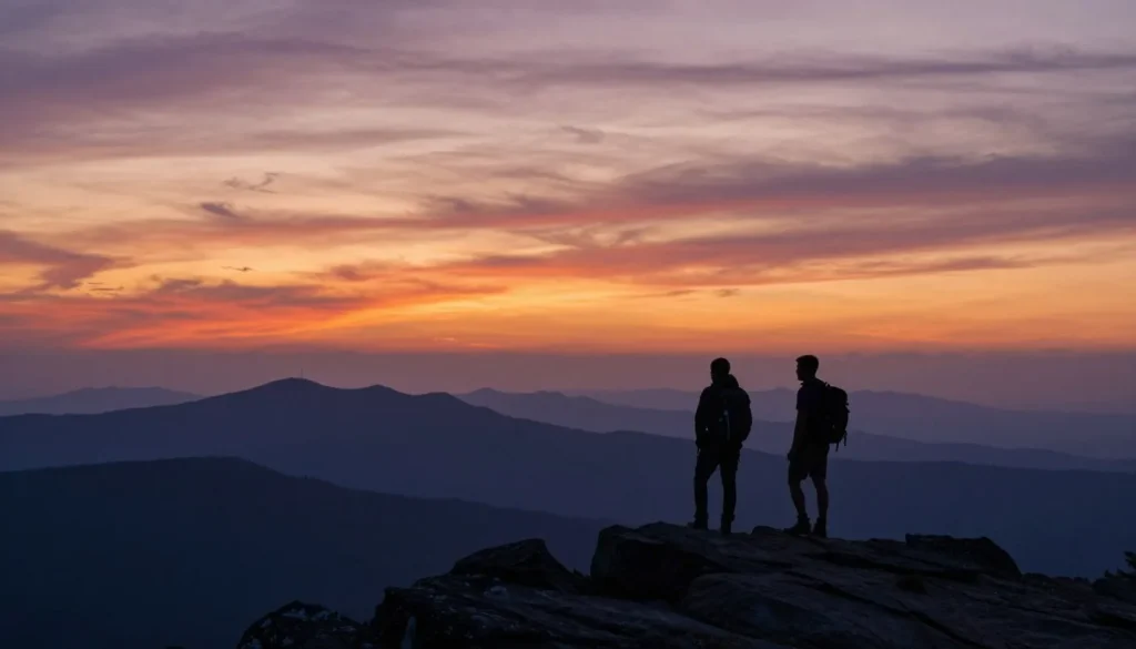 Sunset over Great Balsam Mountains with hikers silhouette on ridge Sunset over Great Balsam Mountains with hikers silhouette on ridge