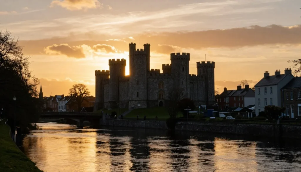 Sunset over Kilkenny with castle silhouette and golden light