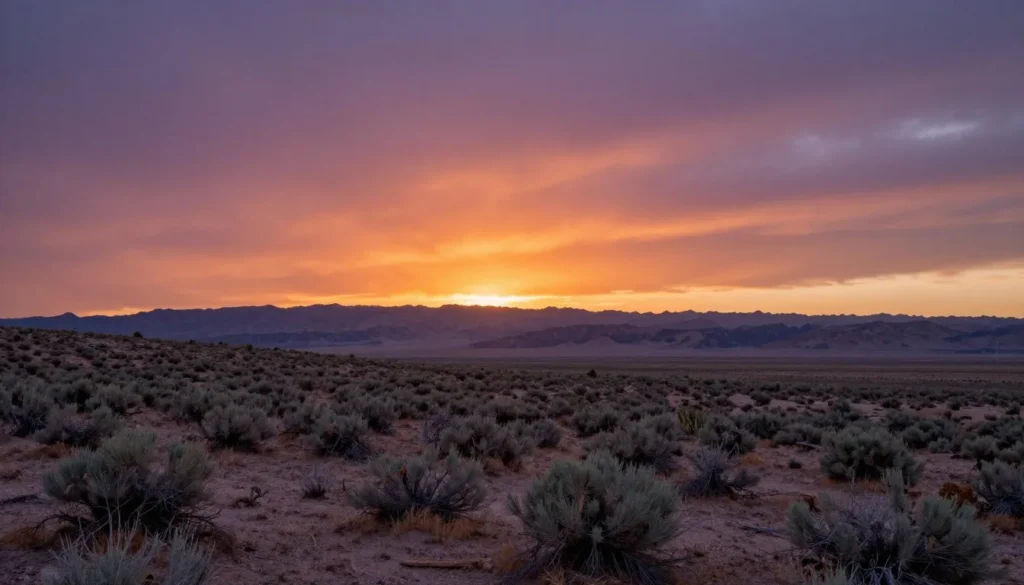 Sunset over Nevada Great Basin desert with sagebrush and distant mountains