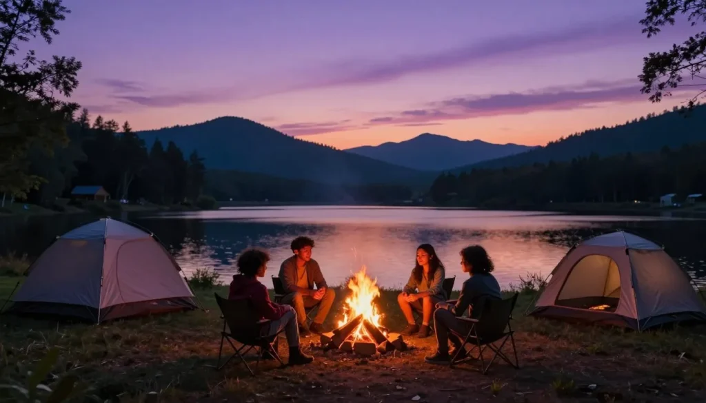 Sunset over Otter Creek Reservoir with campers by fire