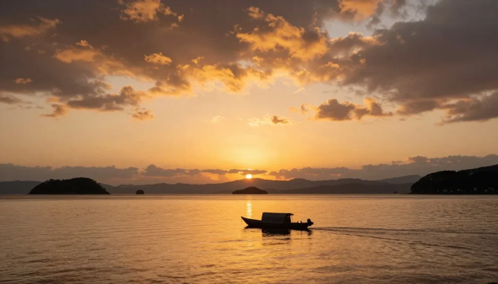 Sunset over Seto Inland Sea with silhouetted islands and golden sky reflection on calm water Sunset over Seto Inland Sea with silhouetted islands and golden sky reflection on calm water