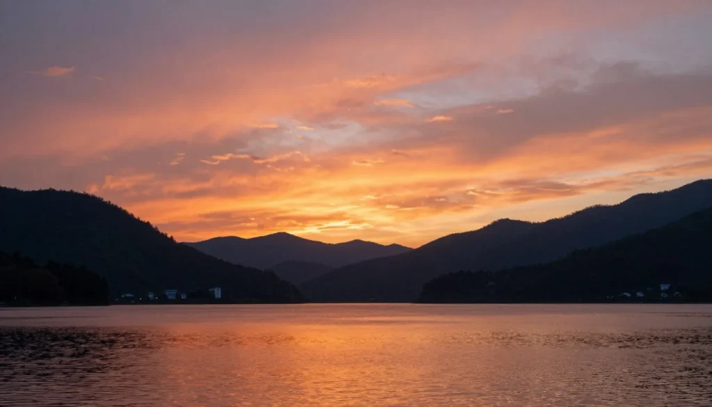 Sunset over Taylor Park Reservoir with mountains silhouetted against colorful sky Sunset over Taylor Park Reservoir with mountains silhouetted against colorful sky