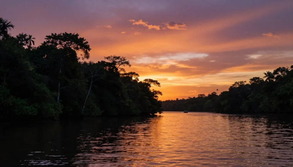 Sunset over Tortuguero canals with silhouetted rainforest