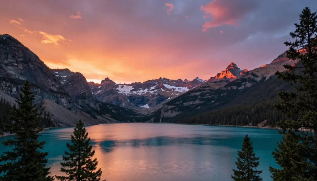 Sunset over Turquoise Lake with alpenglow on mountain peaks Sunset over Turquoise Lake with alpenglow on mountain peaks